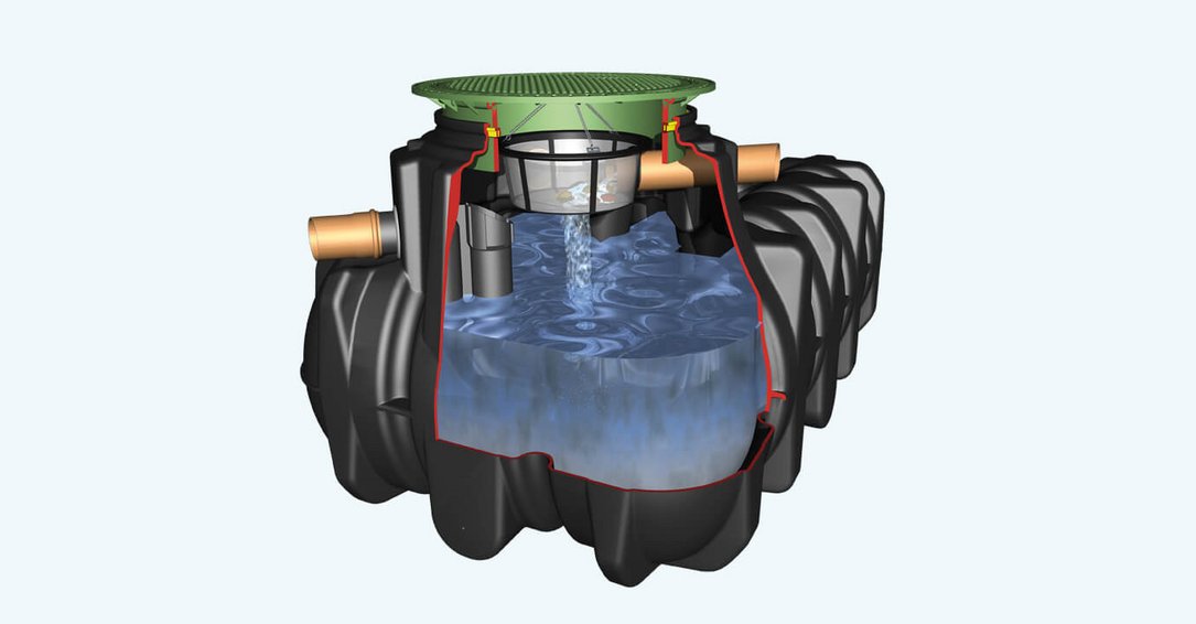 Przekrój podziemnego zbiornika na deszczówkę Platin, producent GRAF.