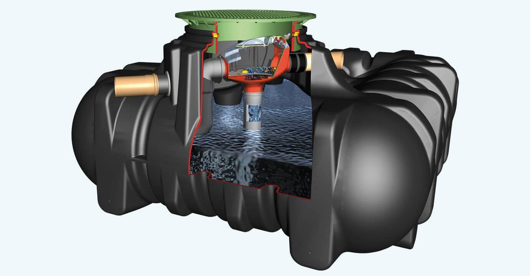 Przekrój podziemnego zbiornika na deszczówkę Platin, producent GRAF.