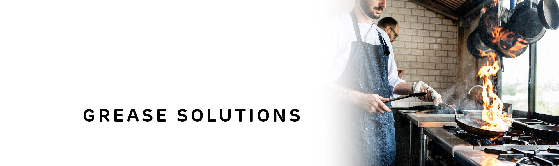 Header image with “Grease Solutions” in capital letters; with a photo of two men working in a commercial kitchen. 